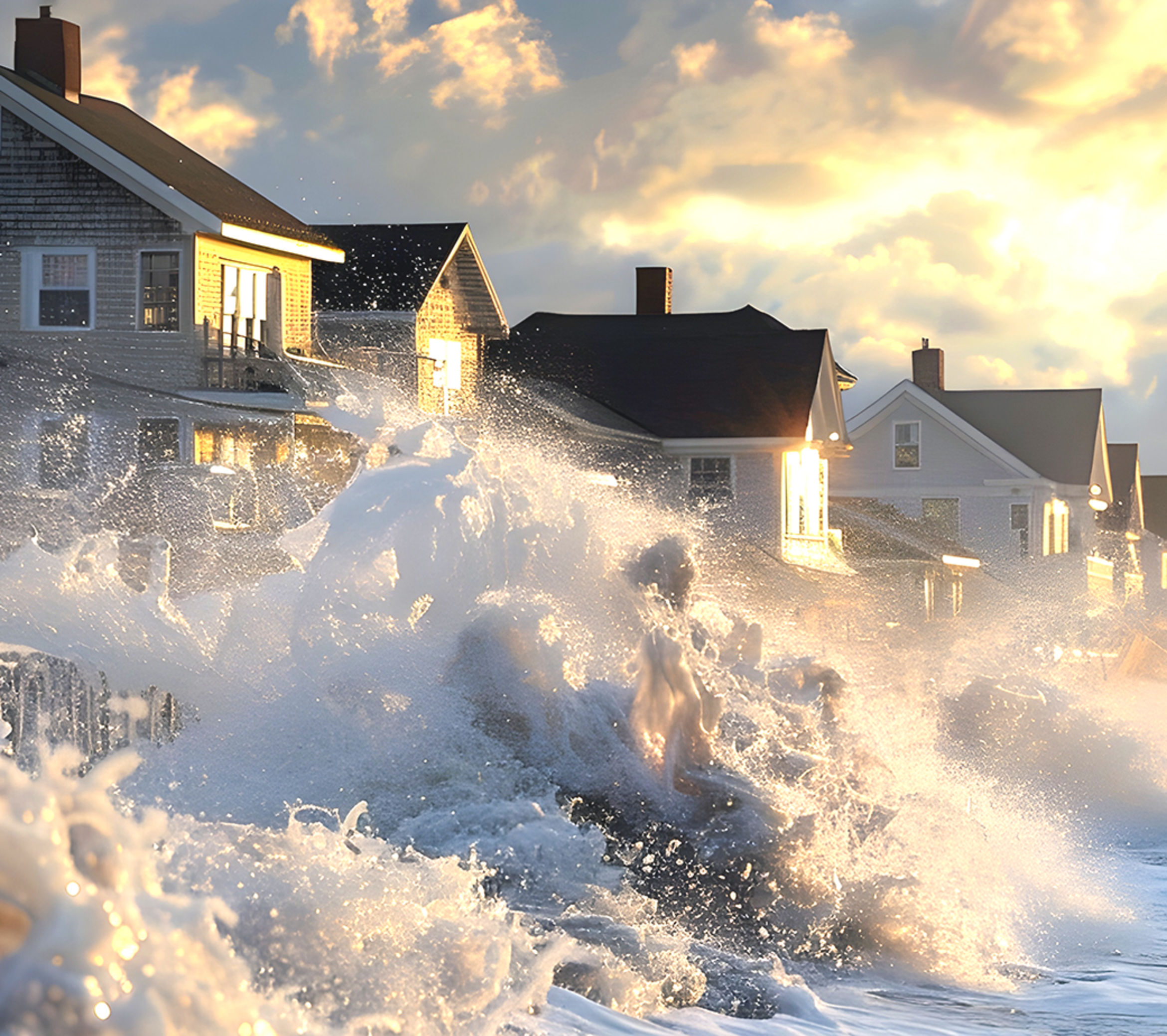 sea waves spray houses