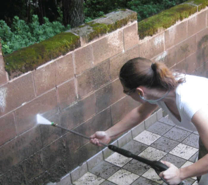 Spraying-moss-off-wall